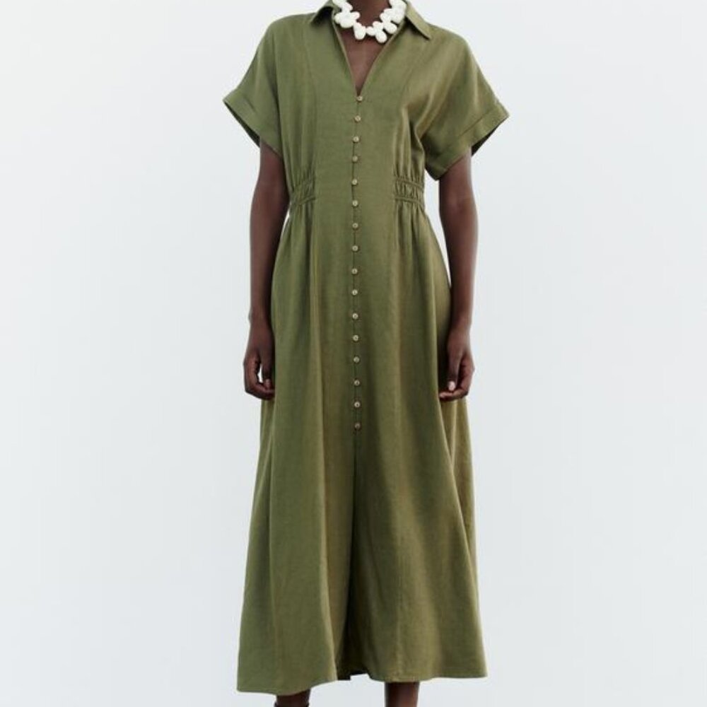 NWT ZARA LINEN BLEND MIDI SHIRTDRESS XS, S 8351